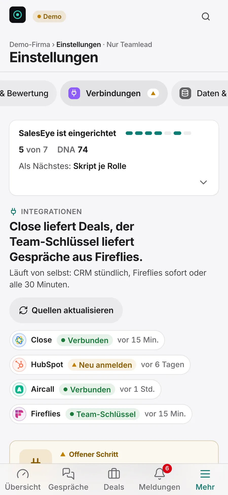 Verbindungen in SalesEye: Close, HubSpot, Aircall und Fireflies mit Status und letztem Abgleich (Beispieldaten)
