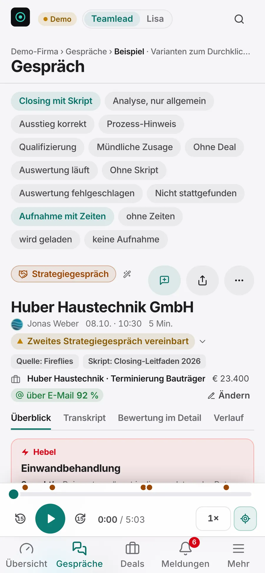 Ein ausgewertetes Gespräch in SalesEye: Hebel Einwandbehandlung, Qualität 64, Skripttreue, Kriterien und die Stellen zum Anhören (Beispieldaten)