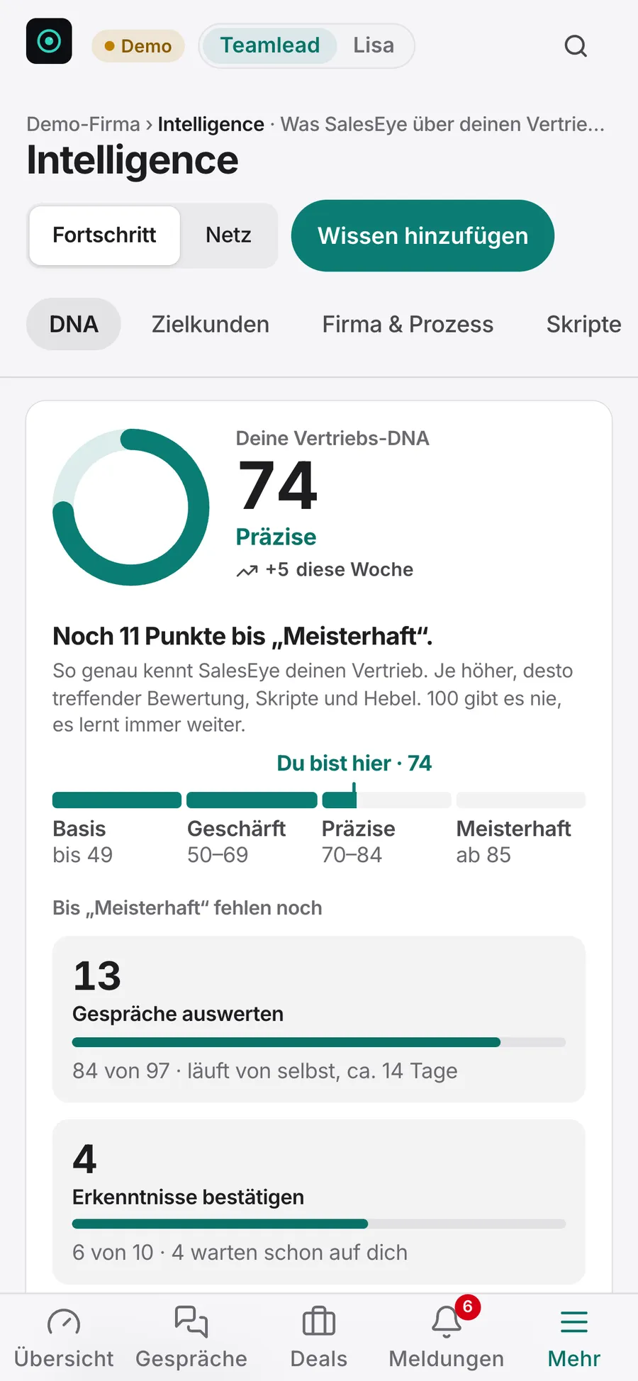 Intelligence in SalesEye: Vertriebs-DNA 74 Präzise, nächste Schritte, Bausteine mit Stärke und neu gelernte Erkenntnisse (Beispieldaten)