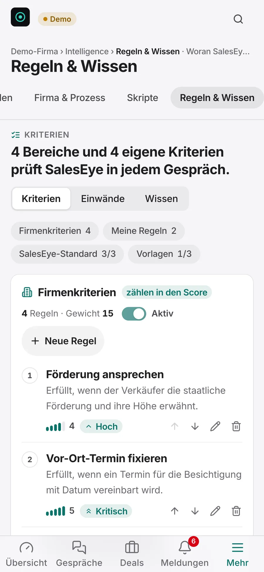 Regeln und Wissen in SalesEye: Firmenkriterien mit Gewicht, persönliche Regeln und der SalesEye-Standard (Beispieldaten)